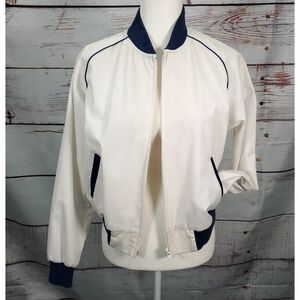 Women's Vintage 70s 80s Sears "The Fashion Place" Cream & Navy Bomber Jacket MED